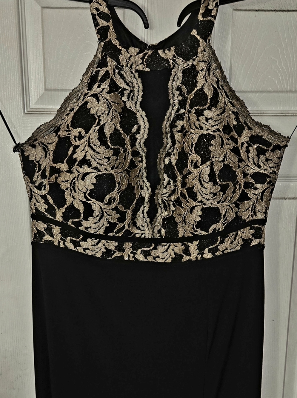 Morgan & Co. Black and Gold Lace-Accent Evening Dress
